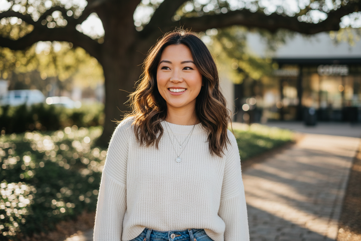 make a east asian american woman in her late 20s, with a casual look