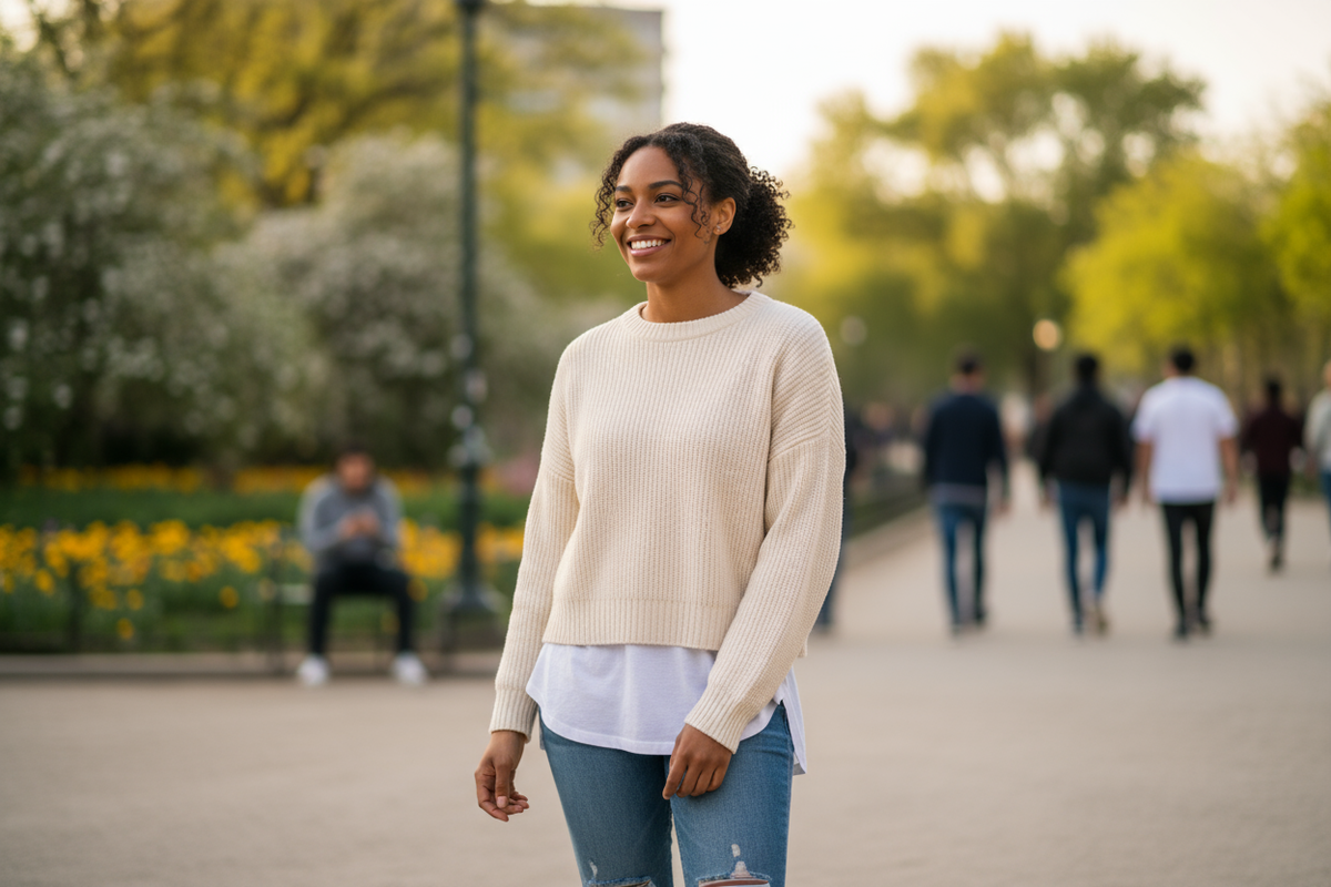 make a lightskin black american woman in her late 20s. causal look and make sure she is in the middle of the screen