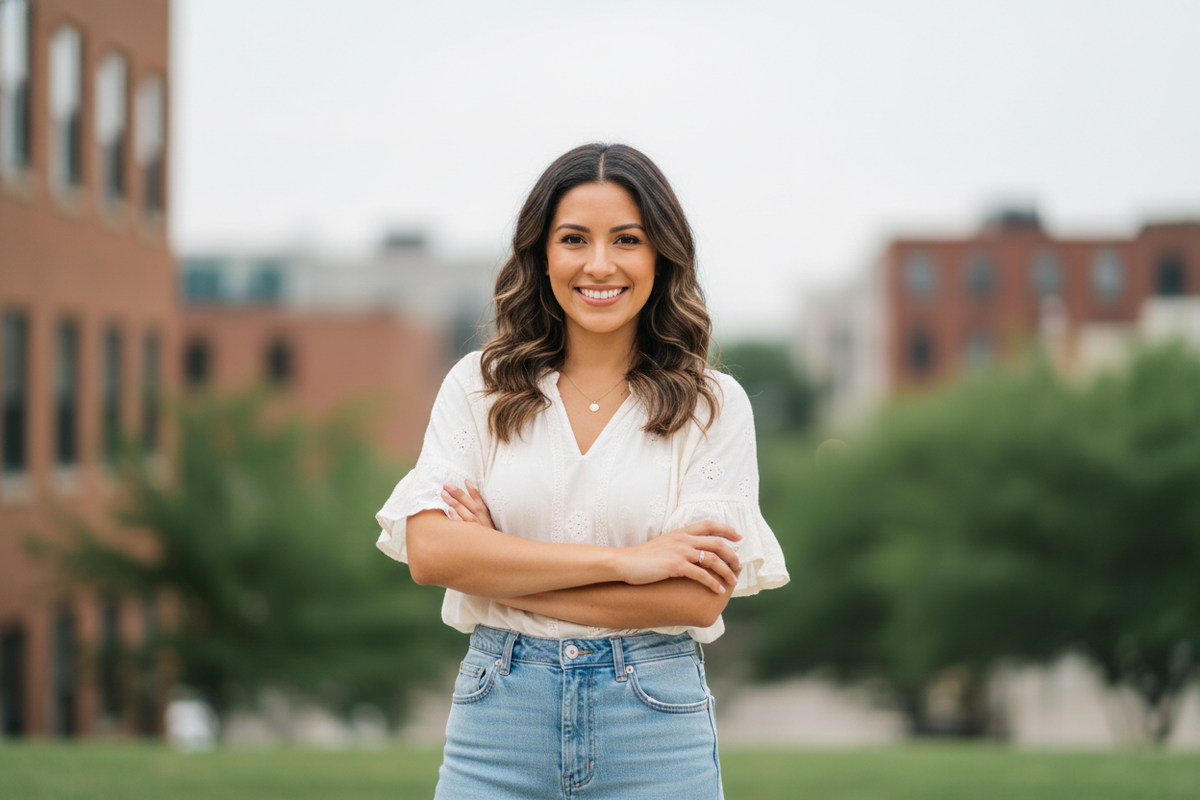 make me a latina in her late 20s early 30s. in a causal outfit